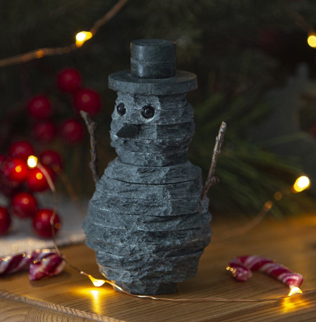 Slate snowman in a Christmas setting